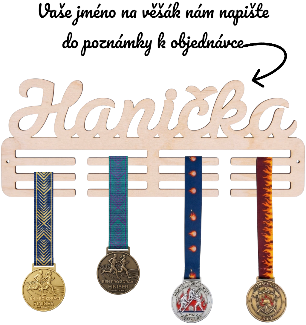 Dřevěný věšák na medaile s psacím písmem – personalizace jména